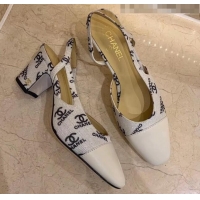 Unique Grade Chanel Slingbacks In Lambskin & CC Logo Printed Fabric G31318 White 2020