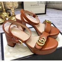 Promotional Gucci Leather Platform Sandal with Double G 573022 Brown 2020