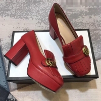 Classic Gucci Calfskin Leather Heel Platform Pump with Fringe 573019 Red 2019