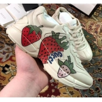 Cheapest Gucci Rhyton Strawberry Print Leather Sneakers 523609 White 2019(For Women and Men)