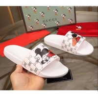 Discount Gucci x Disney Mickey GG Print Rubber Flat Slide Sandals G0916 White 2020