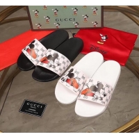 Promotional Gucci x Disney Mickey GG Print Rubber Flat Slide Sandals G0916 White/Black 2020 (For Women and Men)