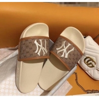 Promotional Gucci GG Canvas NY Embroidery Slide Sandal G0923 Brown/White 2020 (For Women and Men)