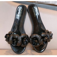 Best Design Chanel TPU Camellia Slipper Sandals CC1303 Black 2020