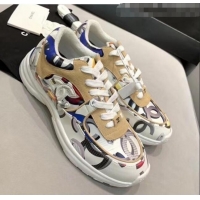 Famous Brand Chanel Multicolor Print Fabric & Calfskin Sneaker CC2035 Beige/White 2020