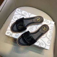 Best Quality Valentino VLogo Calfskin Flat Slides Sandals V22625 Black