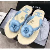 Cheapest Chanel Rubber Camellia Thong Slides Sandals G02125 Light Blue 2020