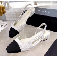 Top Grade Chanel Tweed & Grosgrain Flat Slingbacks Ballerina G31319 White/Black 2020