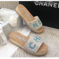 Reproduction Chanel Crystal Logo Platform Mules G35799 Silver/Blue 2020