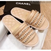 Good Quality Chanel Lambskin Chains & Pearls Mules Sandals G52722 Beige 2020