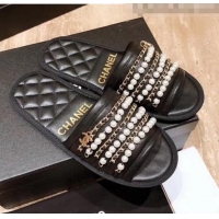 Pretty Style Chanel Lambskin Chains & Pearls Mules Sandals G52722 Black 2020