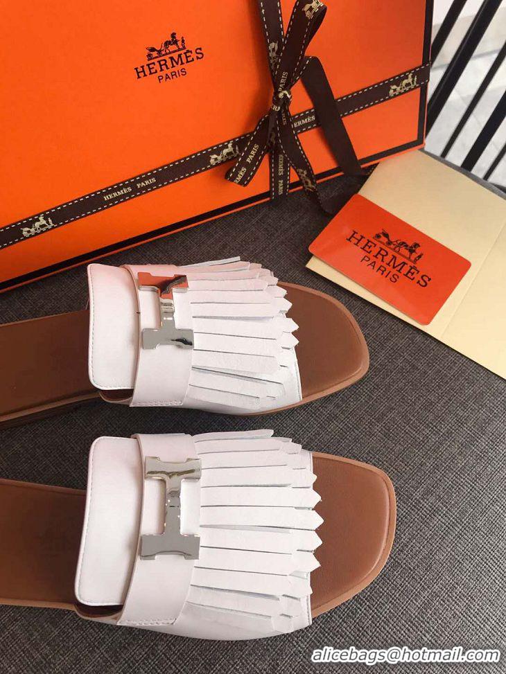 Discount Hermes Auteuil Calfskin Fringe Flat Slide Sandal H031407 White 2020