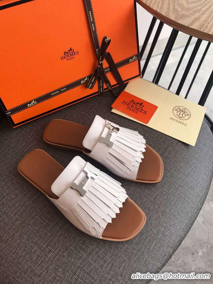 Discount Hermes Auteuil Calfskin Fringe Flat Slide Sandal H031407 White 2020