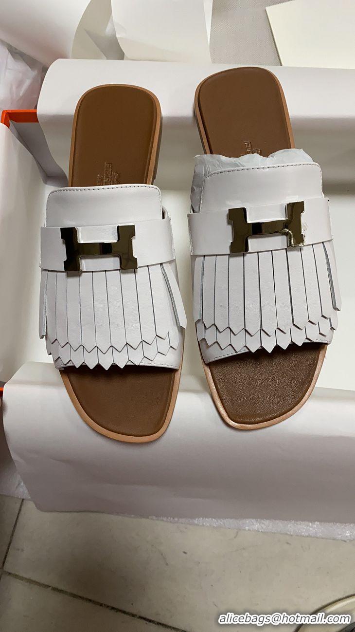 Discount Hermes Auteuil Calfskin Fringe Flat Slide Sandal H031407 White 2020