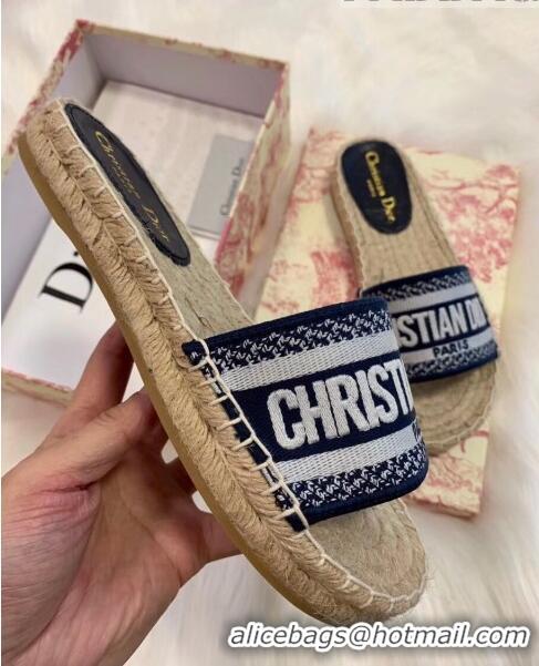 New Cheap Dior Granville Embroidered Cotton Espadrille Mule CD1555 Deep Blue