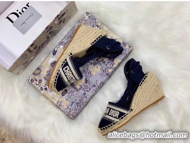 Low Cost Dior Oblique Embroidered Cotton Lace-up Espadrille Wedges 43026 Blue 2020