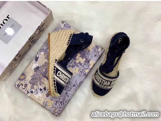 Low Cost Dior Oblique Embroidered Cotton Lace-up Espadrille Wedges 43026 Blue 2020