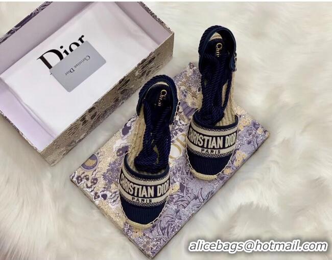 Low Cost Dior Oblique Embroidered Cotton Lace-up Espadrille Wedges 43026 Blue 2020