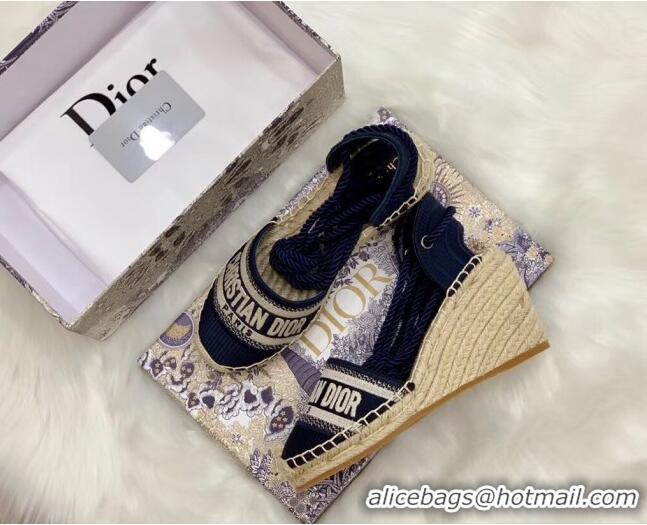 Low Cost Dior Oblique Embroidered Cotton Lace-up Espadrille Wedges 43026 Blue 2020