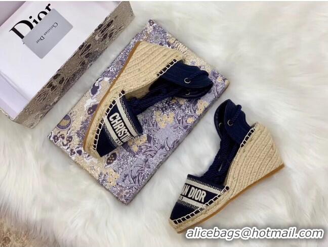 Low Cost Dior Oblique Embroidered Cotton Lace-up Espadrille Wedges 43026 Blue 2020