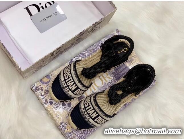 Pretty Style Dior Oblique Embroidered Cotton Lace-up Espadrille Wedges 43026 Black 2020