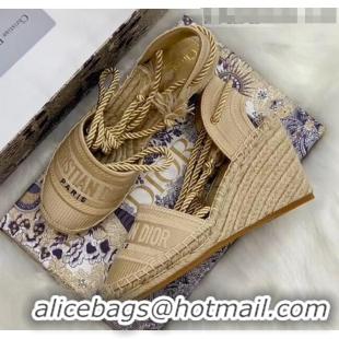 Top Quality Dior Oblique Embroidered Cotton Lace-up Espadrille Wedges 43026 Beige 2020