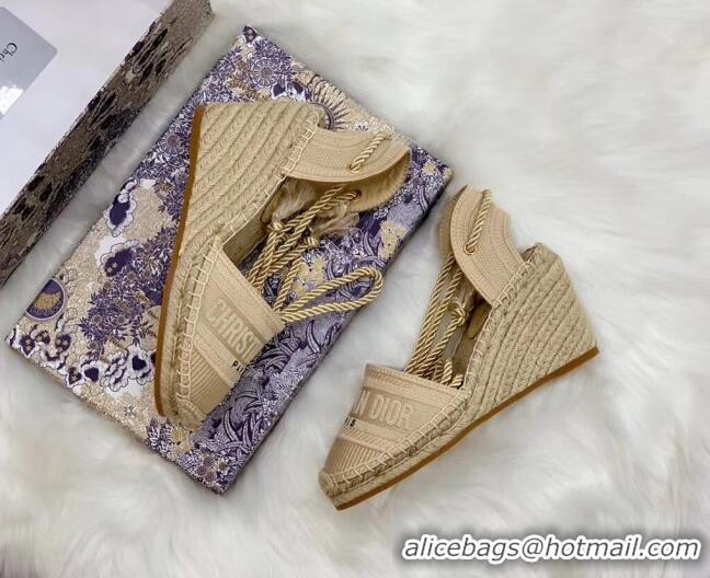 Top Quality Dior Oblique Embroidered Cotton Lace-up Espadrille Wedges 43026 Beige 2020