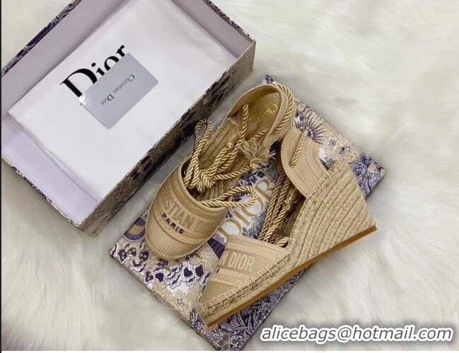 Top Quality Dior Oblique Embroidered Cotton Lace-up Espadrille Wedges 43026 Beige 2020