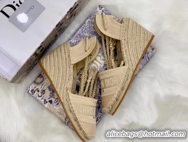 Top Quality Dior Oblique Embroidered Cotton Lace-up Espadrille Wedges 43026 Beige 2020