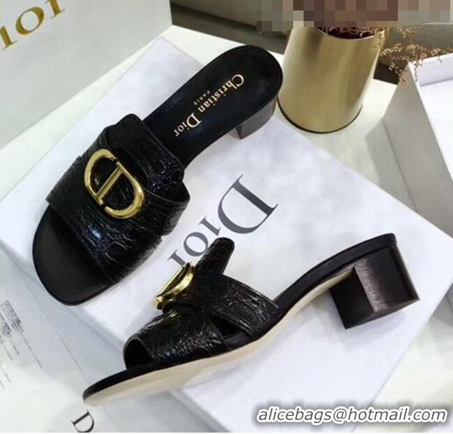 Promotional Dior 30 MONTAIGNE Heeled Slide Sandals in Crocodile Pattern Calfskin CD1401 Black 2020