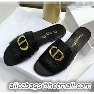 Discount Dior 30 MONTAIGNE Mule Flat Sandals in Crocodile Pattern Calfskin CD1402 Black 2020