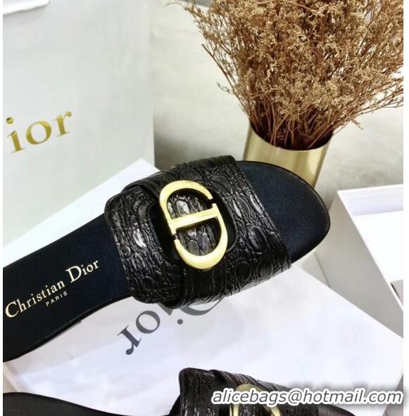 Discount Dior 30 MONTAIGNE Mule Flat Sandals in Crocodile Pattern Calfskin CD1402 Black 2020