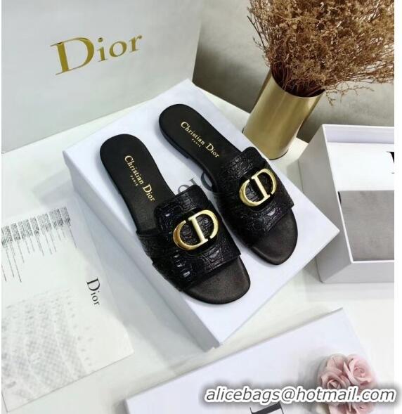 Discount Dior 30 MONTAIGNE Mule Flat Sandals in Crocodile Pattern Calfskin CD1402 Black 2020