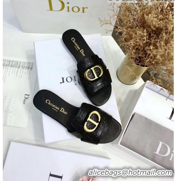 Discount Dior 30 MONTAIGNE Mule Flat Sandals in Crocodile Pattern Calfskin CD1402 Black 2020