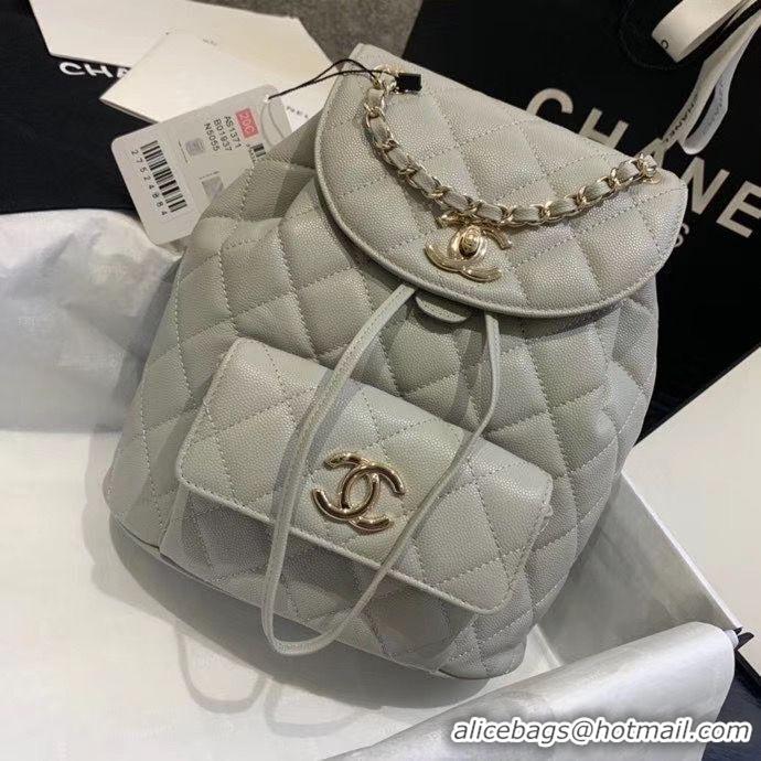 Stylish Chanel backpack Grained Calfskin & Gold-Tone Metal AS1371 Gray