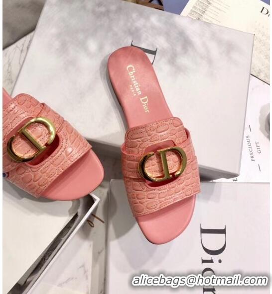 Good Quality Dior 30 MONTAIGNE Mule Flat Sandals in Crocodile Pattern Calfskin CD1408 Pink 2020