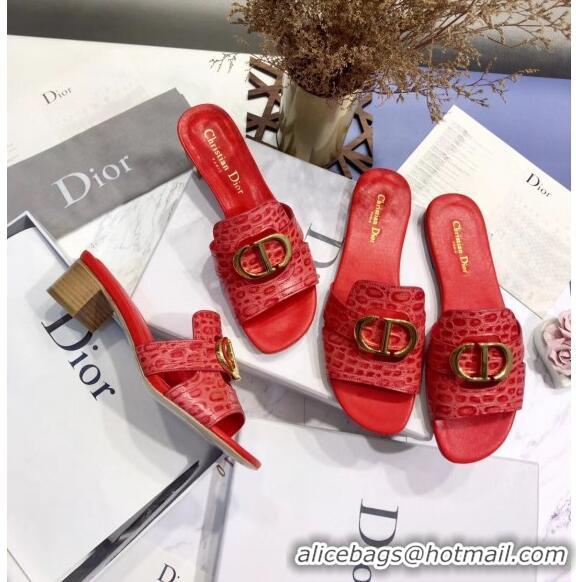 Top Grade Dior 30 MONTAIGNE Heeled Slide Sandals in Crocodile Pattern Calfskin CD1409 Red 2020