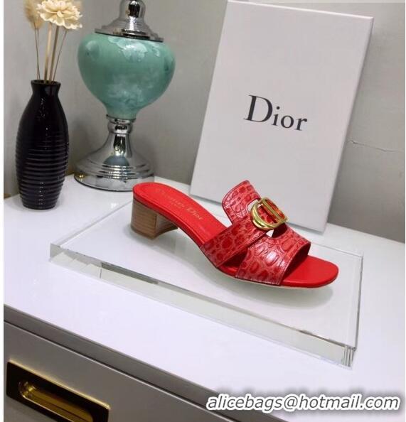 Top Grade Dior 30 MONTAIGNE Heeled Slide Sandals in Crocodile Pattern Calfskin CD1409 Red 2020