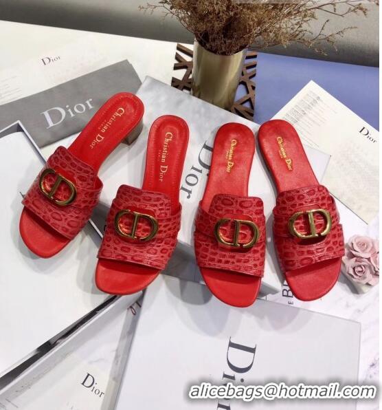 Top Grade Dior 30 MONTAIGNE Heeled Slide Sandals in Crocodile Pattern Calfskin CD1409 Red 2020