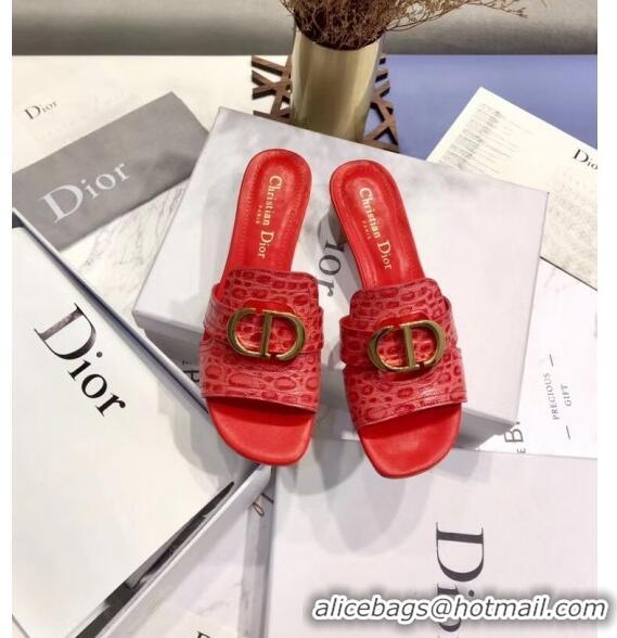 Top Grade Dior 30 MONTAIGNE Heeled Slide Sandals in Crocodile Pattern Calfskin CD1409 Red 2020