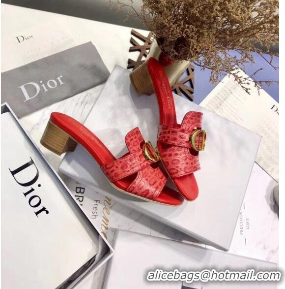 Top Grade Dior 30 MONTAIGNE Heeled Slide Sandals in Crocodile Pattern Calfskin CD1409 Red 2020