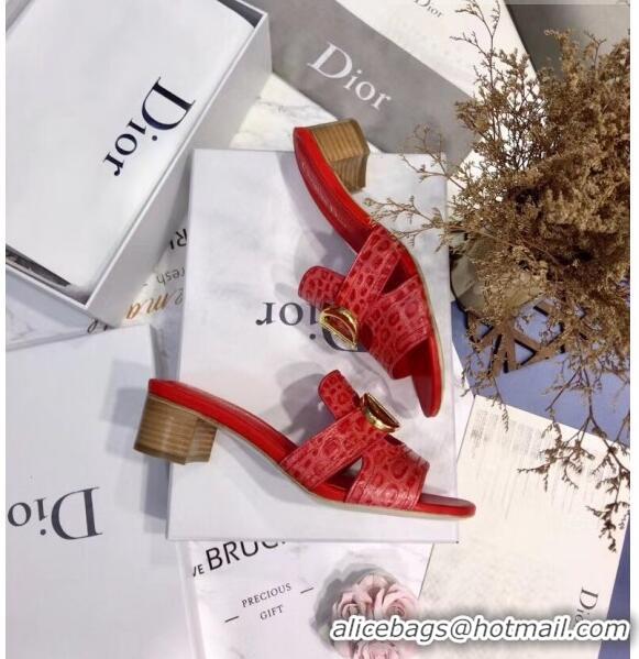 Top Grade Dior 30 MONTAIGNE Heeled Slide Sandals in Crocodile Pattern Calfskin CD1409 Red 2020