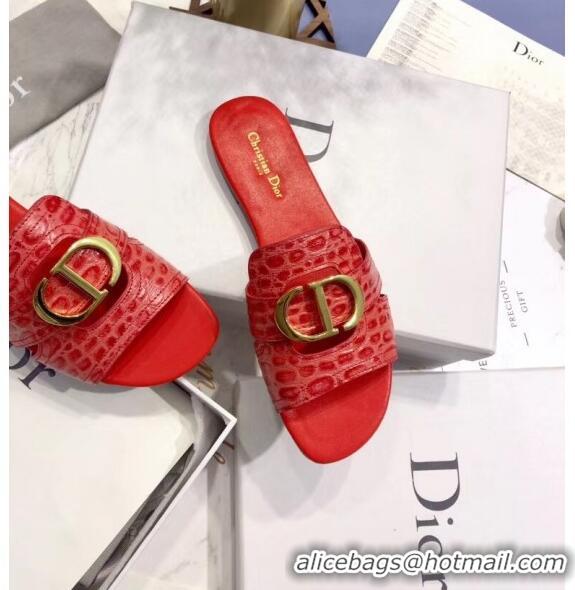 Classic Specials Dior 30 MONTAIGNE Mule Flat Sandals in Crocodile Pattern Calfskin CD1410 Red 2020