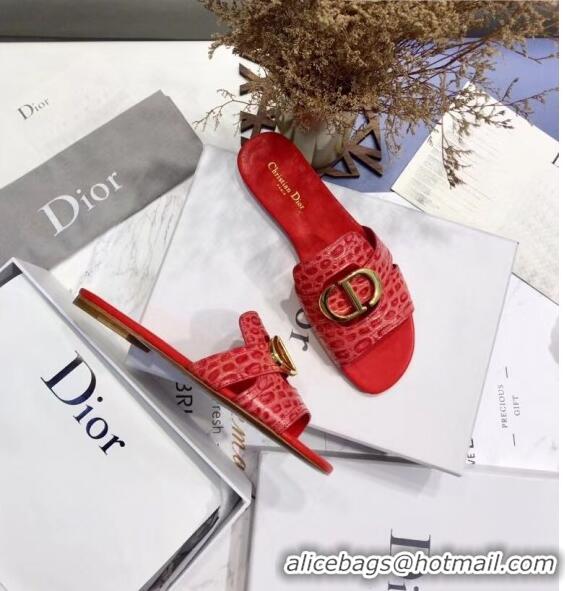 Classic Specials Dior 30 MONTAIGNE Mule Flat Sandals in Crocodile Pattern Calfskin CD1410 Red 2020