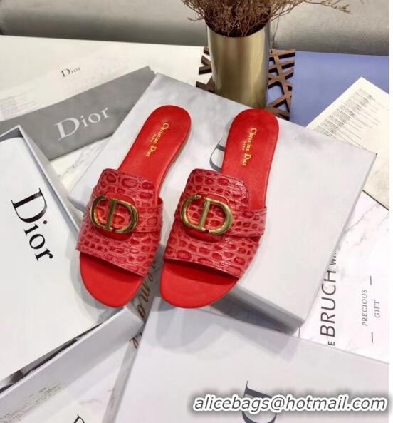 Classic Specials Dior 30 MONTAIGNE Mule Flat Sandals in Crocodile Pattern Calfskin CD1410 Red 2020