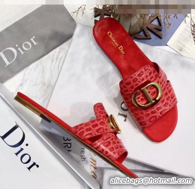 Classic Specials Dior 30 MONTAIGNE Mule Flat Sandals in Crocodile Pattern Calfskin CD1410 Red 2020