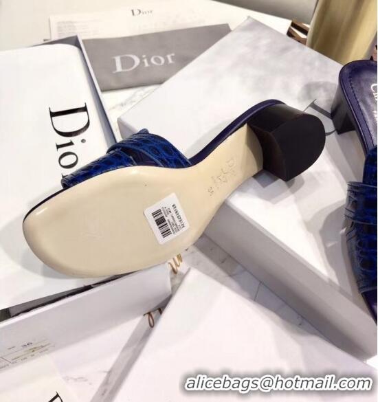 Shop Dior 30 MONTAIGNE Heeled Slide Sandals in Crocodile Pattern Calfskin CD1411 Blue 2020