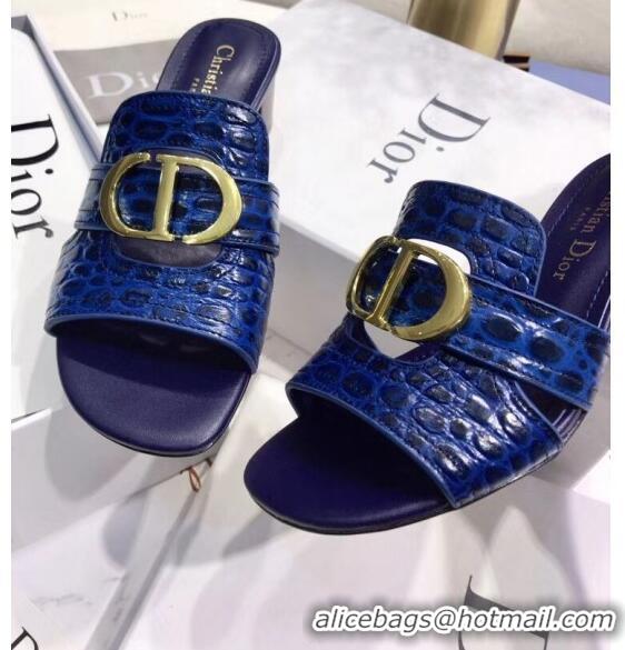 Shop Dior 30 MONTAIGNE Heeled Slide Sandals in Crocodile Pattern Calfskin CD1411 Blue 2020