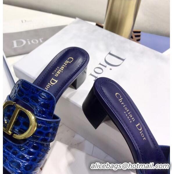 Shop Dior 30 MONTAIGNE Heeled Slide Sandals in Crocodile Pattern Calfskin CD1411 Blue 2020