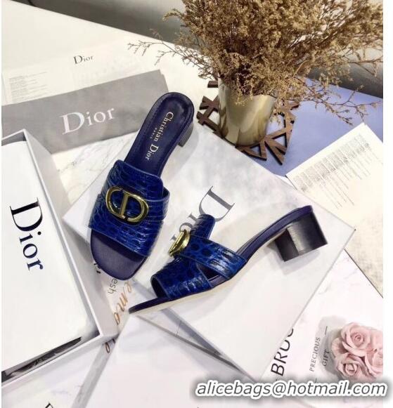 Shop Dior 30 MONTAIGNE Heeled Slide Sandals in Crocodile Pattern Calfskin CD1411 Blue 2020